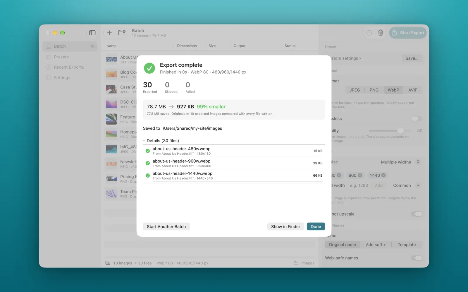 Export complete screen showing 78.7 MB reduced to 927 KB