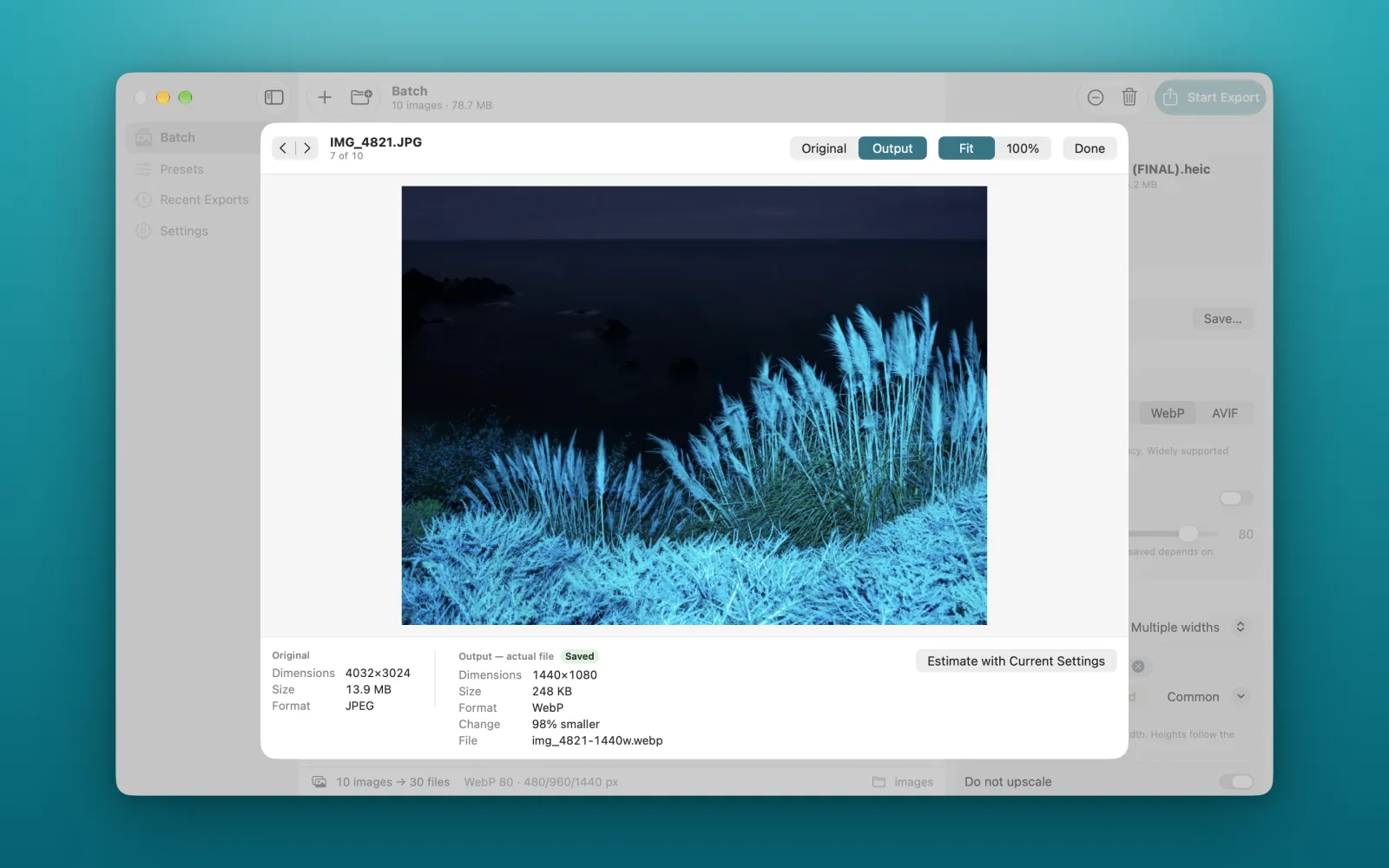 Before and after preview of a 13.9 MB JPEG exported as a 248 KB WebP