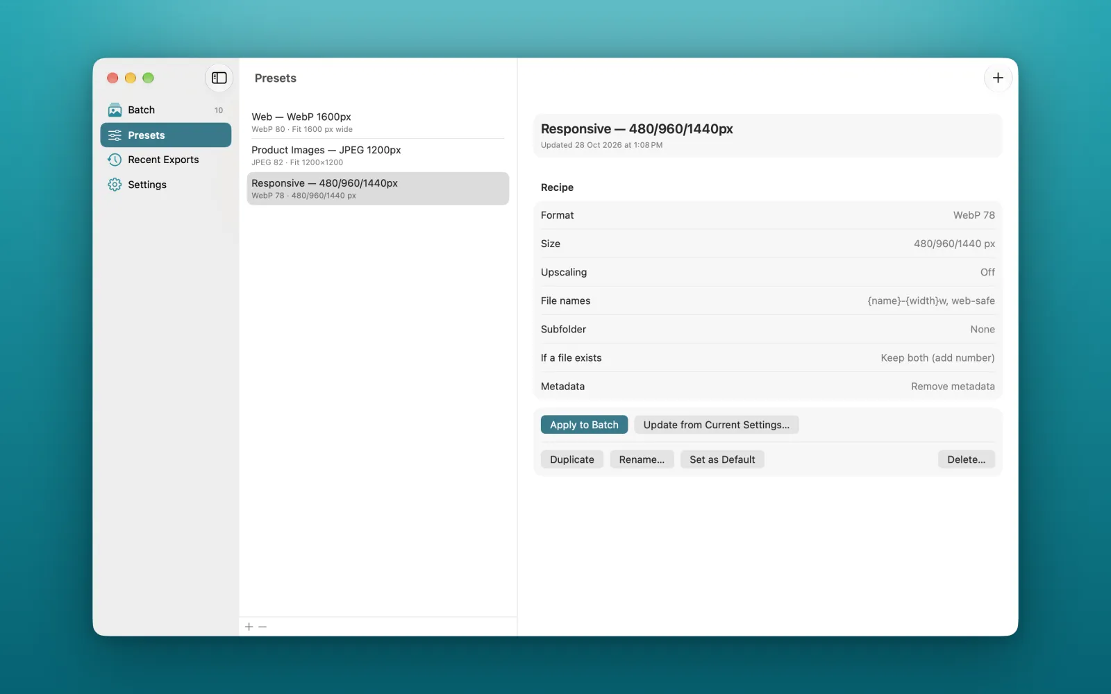 Presets screen with a saved responsive WebP recipe