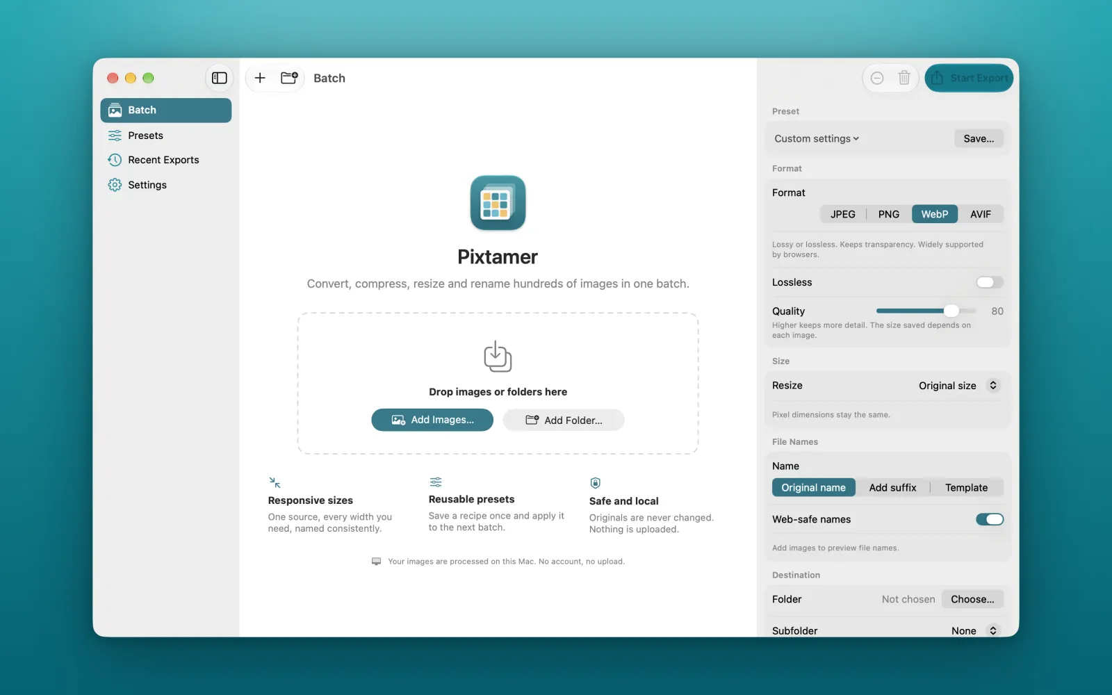 Pixtamer welcome screen asking you to drop images or folders